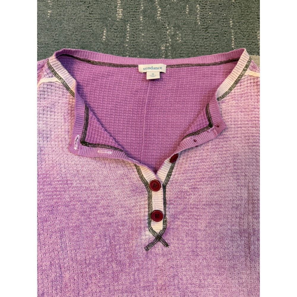 Sundance Purple Waffle Knit Henley Top Long Sleeve Cotton Acid Wash Medium